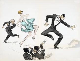 Zwei Männer in schwarzer Krawatte und eine Frau in einem leuchtend blauen Kleid tanzen zu zwei Musikern, die Jazz auf Blechblasinstrumenten spielen, aus White Bottoms, veröffentlicht 1927